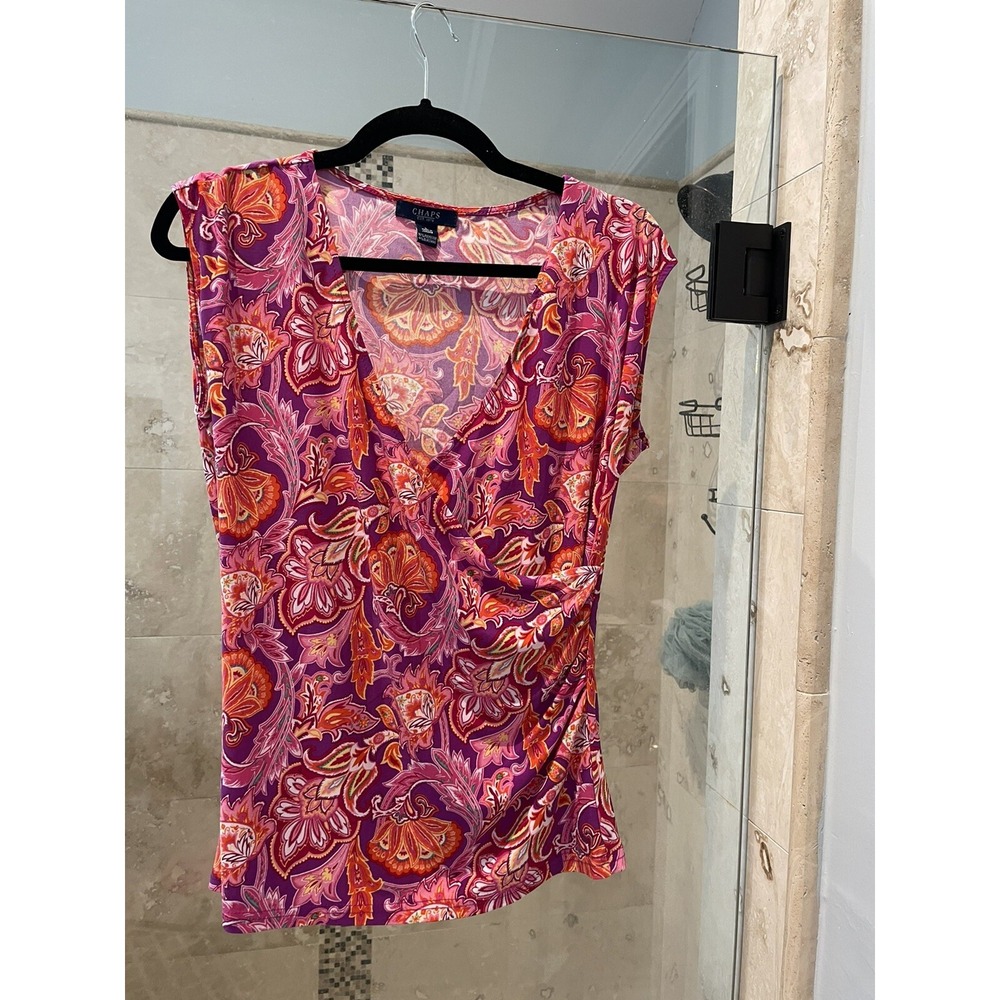 Chaps Classics Women Sleeveless Mock Wrap Top Blouse Floral Paisley Purple L